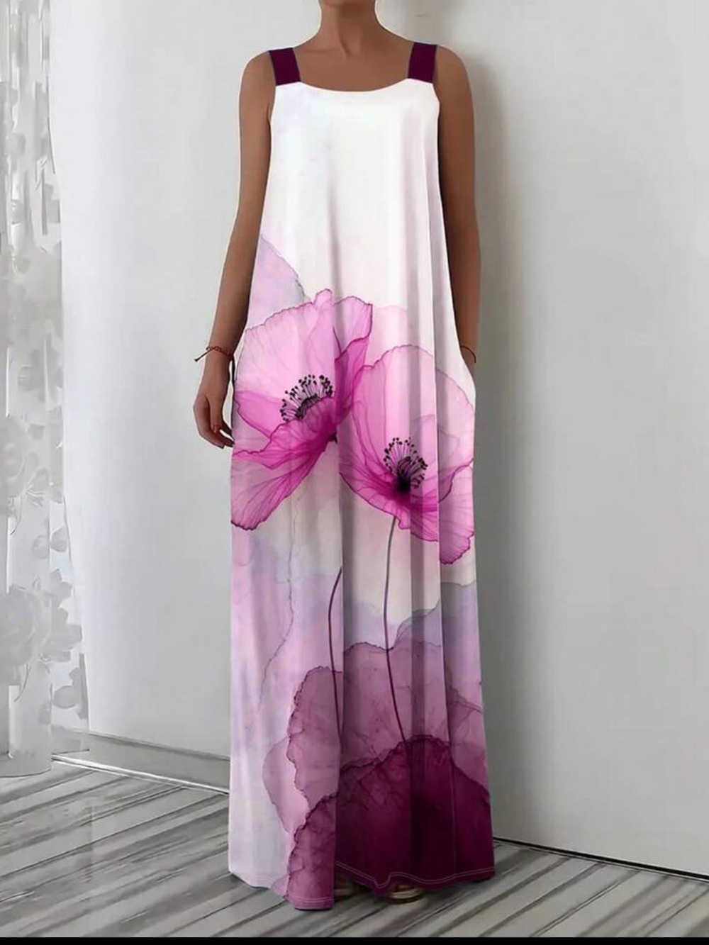 NWOT: Sleeveless White Maxi Dress with Pink Floral Print - Picture 3 of 3